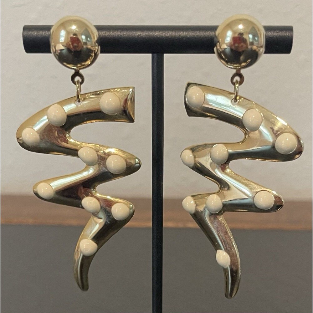 Glam 80’s Flashy Lightning Bolt Dot Goldtone Earrings Pierced